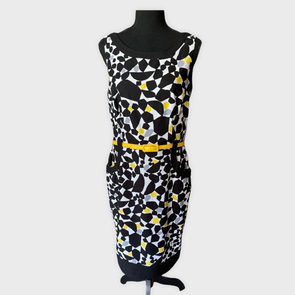 London Times Sz 12 Black Graphic Sheath Dress EUC